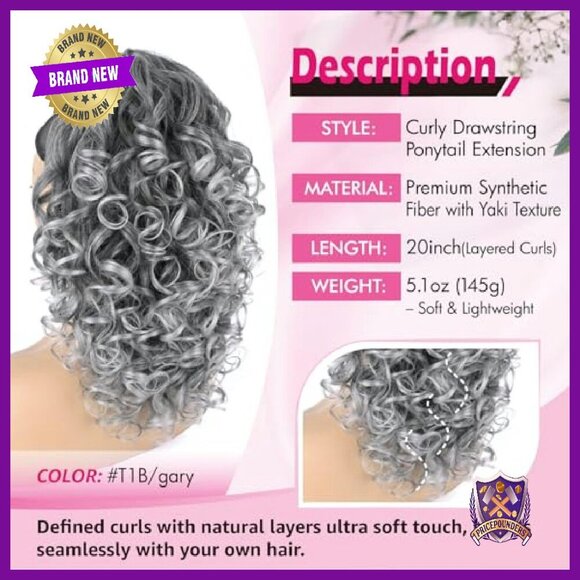 20-Inch Curly Yaki Ponytail Extension, Drawstring Synthetic Hair main image 6